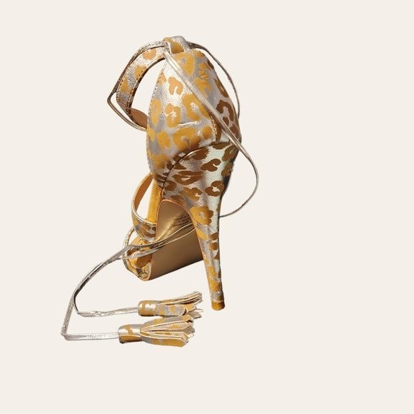 Colin Stuart Metallic Leopard Cheetah Animal Print Gold Silver Lace Up Wrap heel - Picture 15 of 16